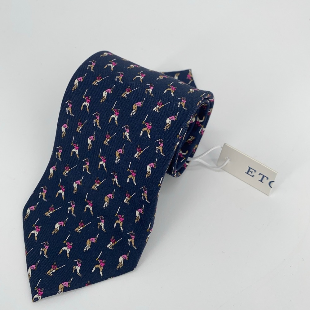 Eton Tie Mens One Size Navy Cricket Print Silk Classic Luxury Necktie Italy Made